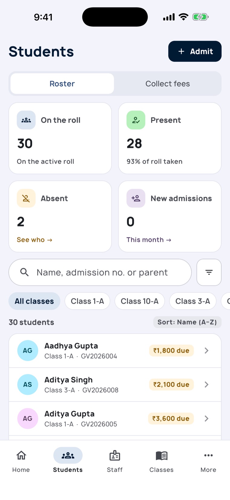 Students list with fee status tags