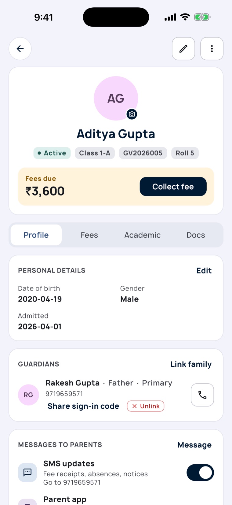 Student profile with guardian contacts