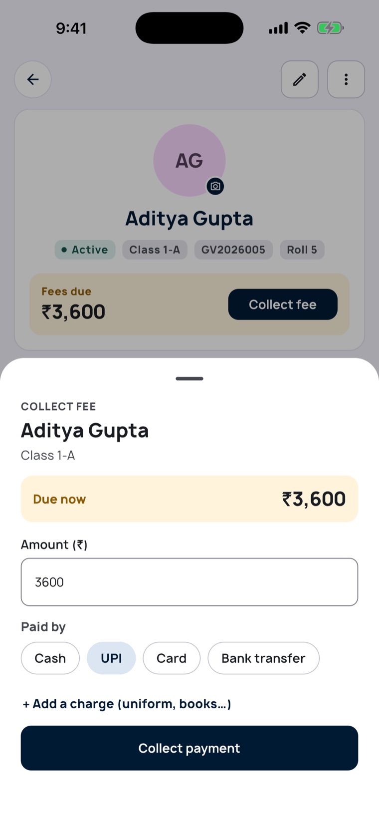 Collect fee sheet
