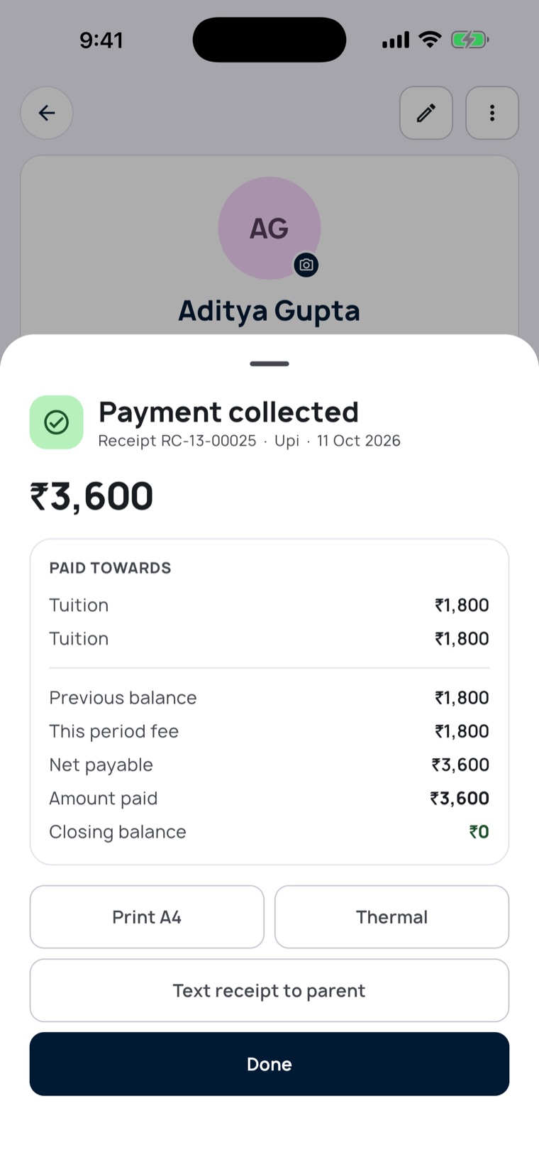 Payment collected receipt with balances